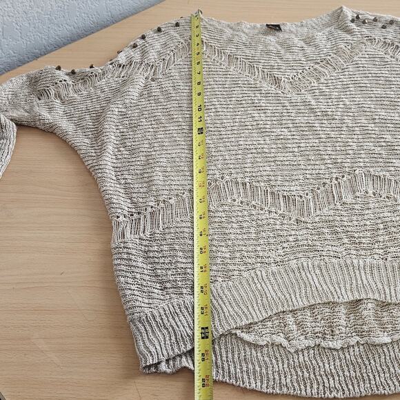 Beige Distressed Knit Sweater With Gold Studs On Long Sleeves - Picture 9 of 12